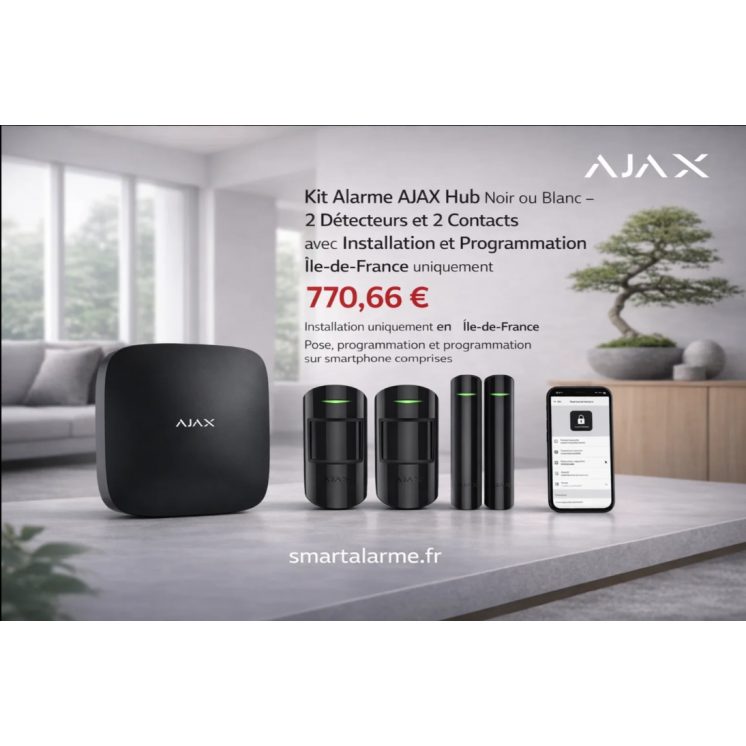 Kit Alarme AJAX Hub Noir ou Blanc – 2 Détecteurs et 2 Contacts avec Installation et Programmation – Île-de-France